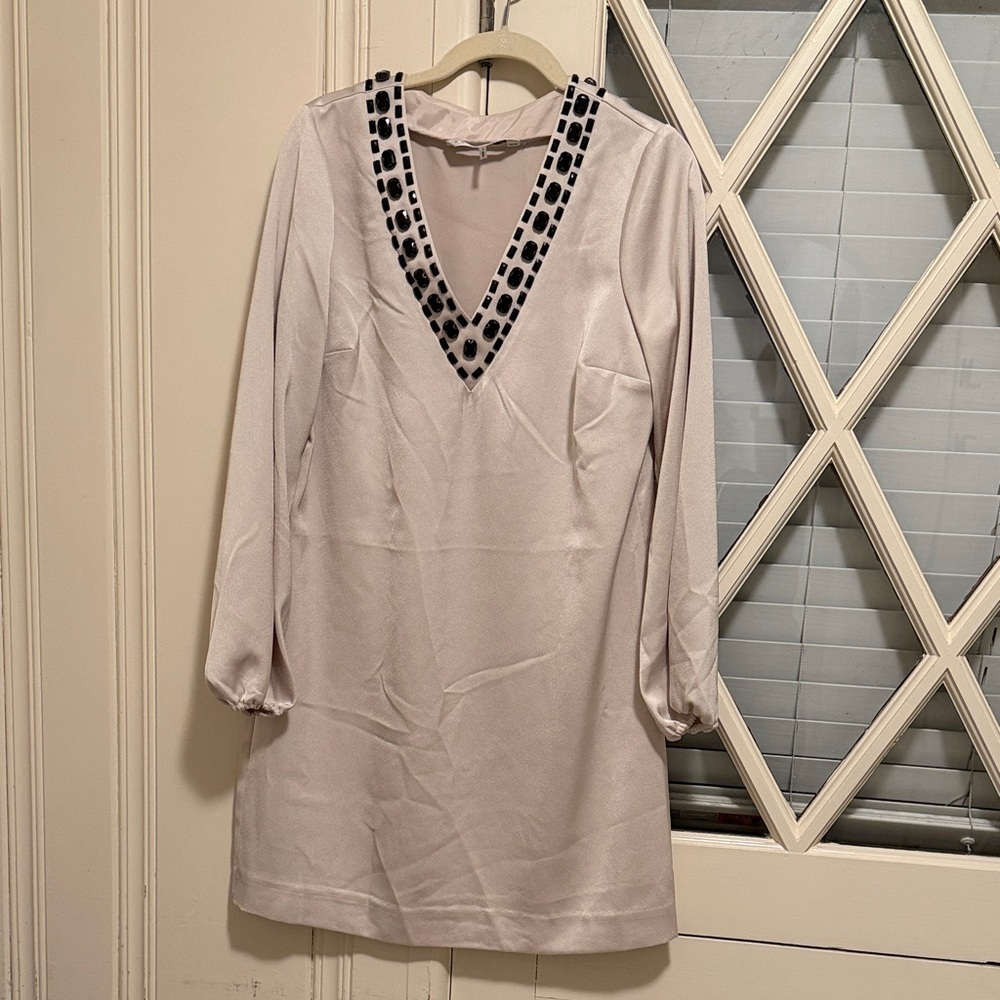 Trina Turk Cream Long Sleeve Dress with Black Trim